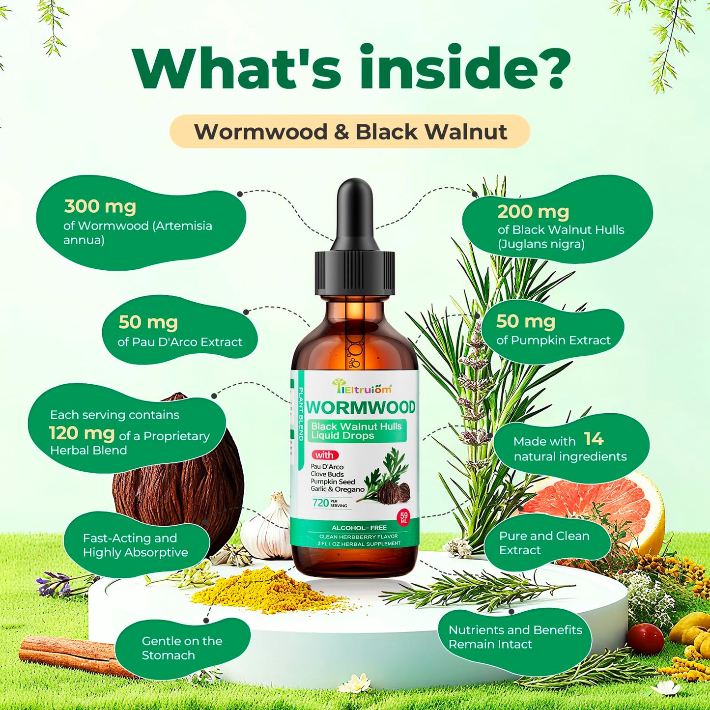 IIEltruiom Liposomal Black Walnut Wormwood Tincture - Alcohol-Free Gut Health (2 fl oz)