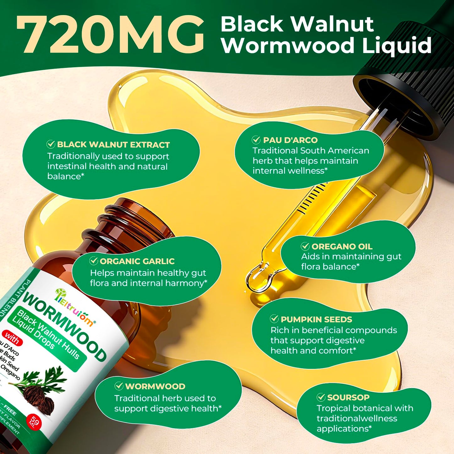 IIEltruiom Liposomal Black Walnut Wormwood Tincture - Alcohol-Free Gut Health (2 fl oz)