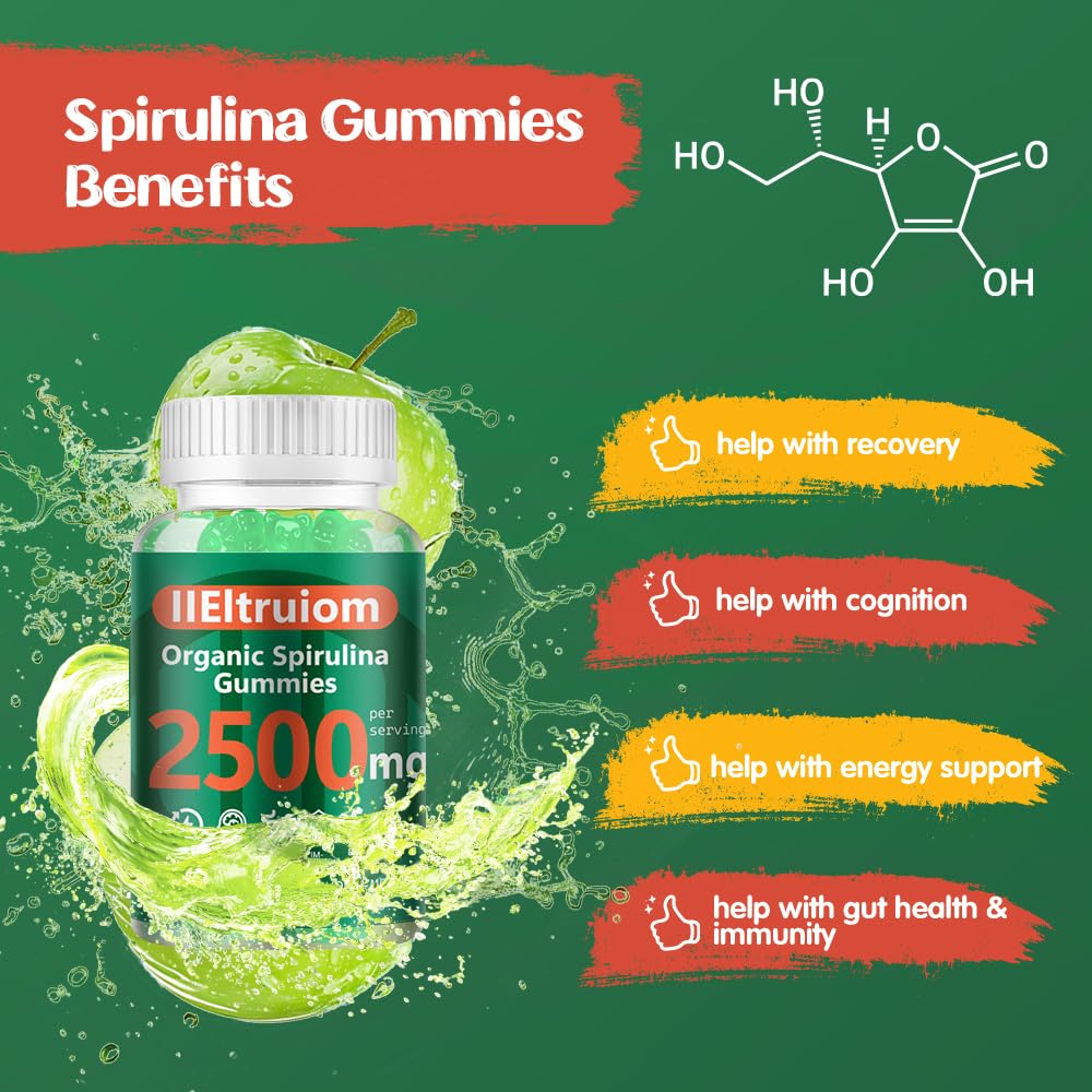 IIEltruiom Spirulina Gummies - Organic 2500mg Spirulina | Vegan, Non-GMO, Gluten Free, 120 Gummies