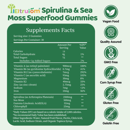 IIEltruiom Spirulina Gummies - Organic 2500mg Spirulina | Vegan, Non-GMO, Gluten Free, 120 Gummies