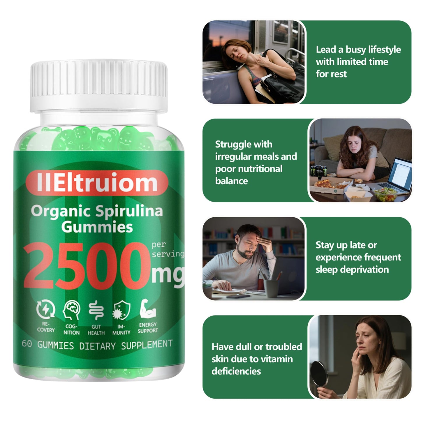 IIEltruiom Spirulina Gummies - Organic 2500mg Spirulina | Vegan, Non-GMO, Gluten Free, 120 Gummies