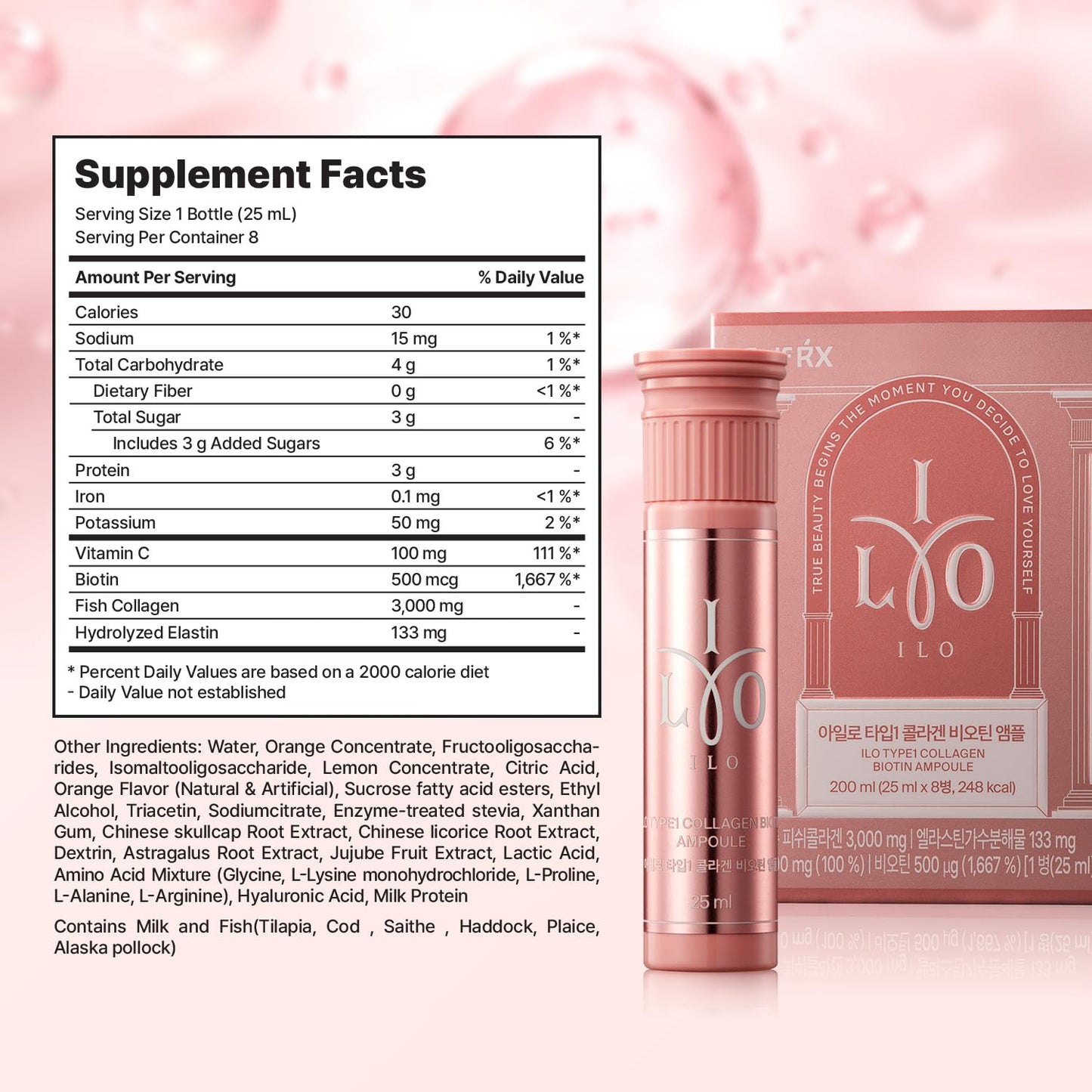 ILO Liquid Collagen Drink – 3,000mg Type 1 Marine Collagen with Biotin & Milk Ceramide | Skin Glow & Hydration | Orange Flavor | 8 Bottles