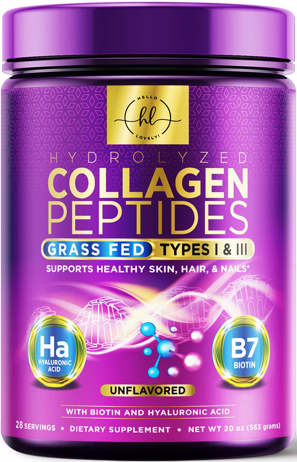 Collagen Peptides Powder 20g Unflavored – Grass-Fed Type I & III, Hyaluronic Acid & Biotin | 28 Servings