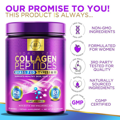 Collagen Peptides Powder 20g Unflavored – Grass-Fed Type I & III, Hyaluronic Acid & Biotin | 28 Servings