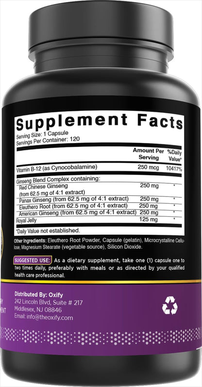 Oxify Ginseng Complex 1000 MG – 120 Capsules | Gluten-Free, Non-GMO | Made in USA