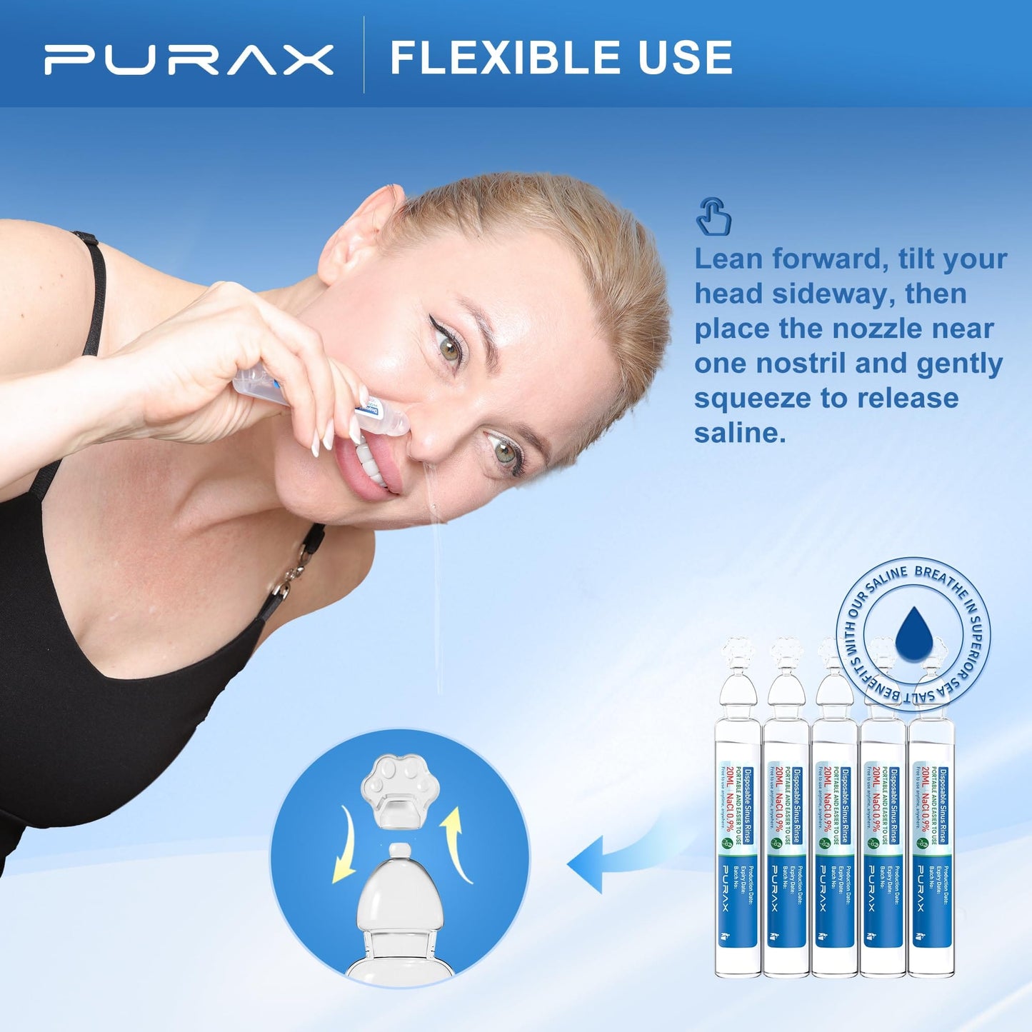 PURAX Saline Solution 0.9% | Pre-Mixed Nasal Rinse, 15x20ml Ampoules