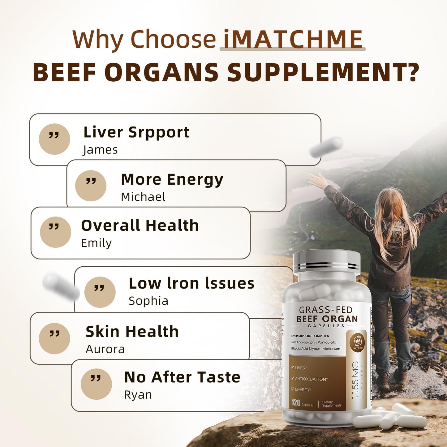 iMATCHME Grass-Fed Beef Liver Capsules for Women & Men | Hormone Balance & Energy - 60 Caps
