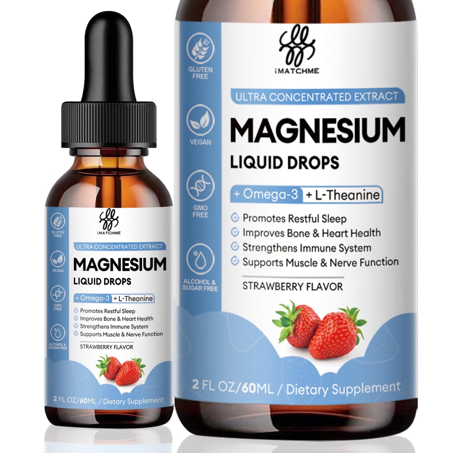 iMATCHME Magnesium Glycinate Liquid Drop with Omega-3, L-Theanine, D3, B6, B12 | Calm Sleep & Energy (Sugar-Free Strawberry Flavor)