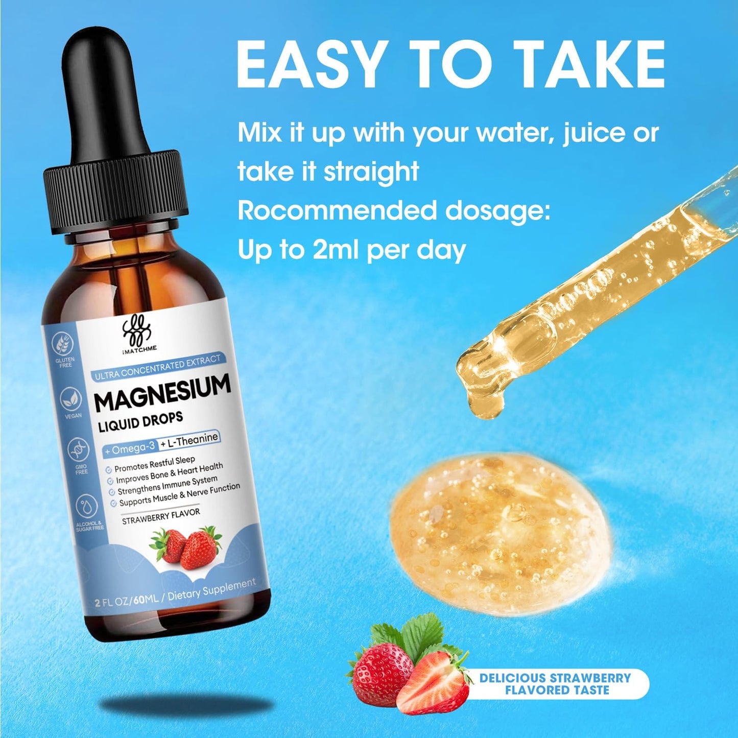 iMATCHME Magnesium Glycinate Liquid Drop with Omega-3, L-Theanine, D3, B6, B12 | Calm Sleep & Energy (Sugar-Free Strawberry Flavor)
