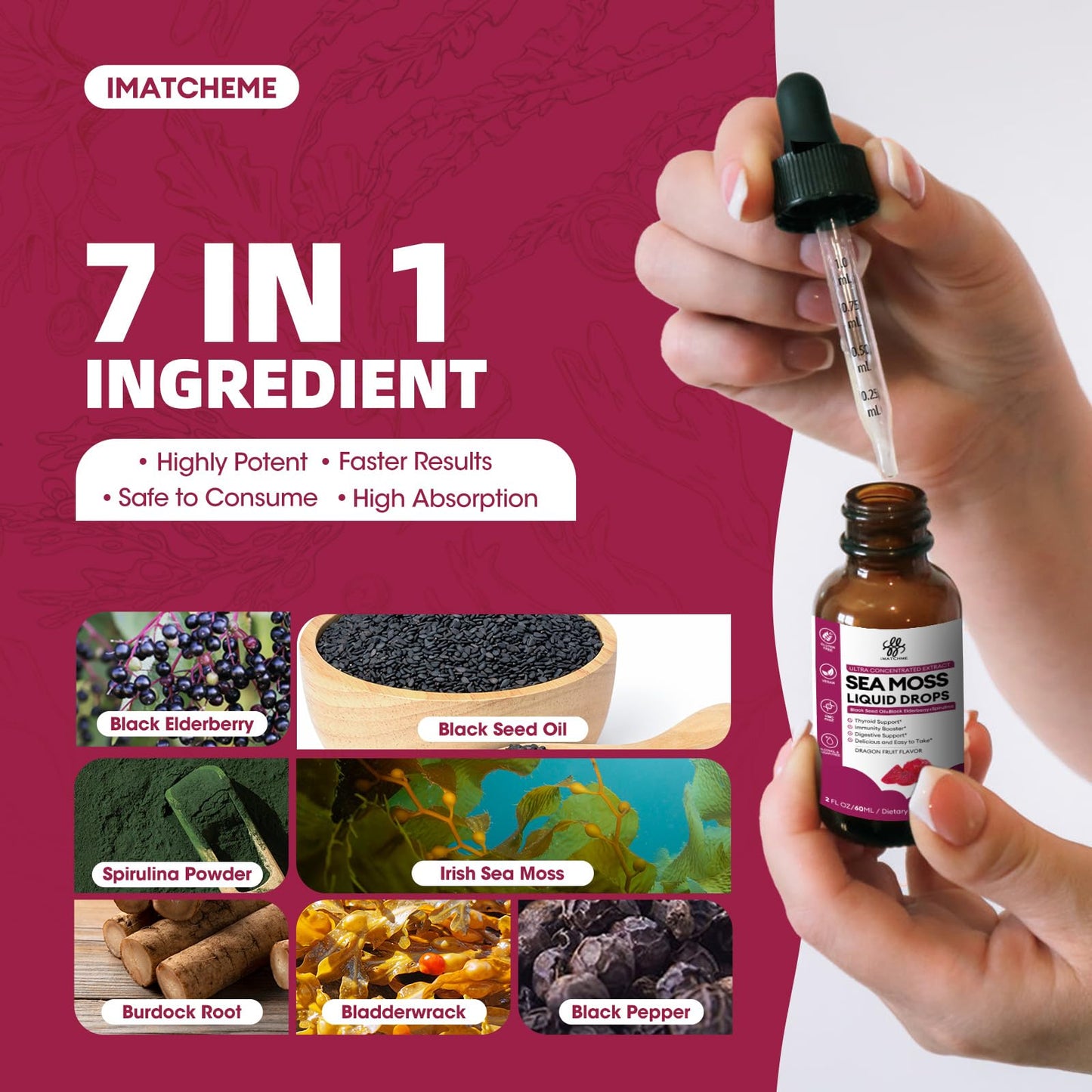 iMATCHME Sea Moss 7-in-1 Liquid Drops with Black Seed Oil | Immune, Digestive & Energy | Dragon Fruit Flavor, 2 fl oz