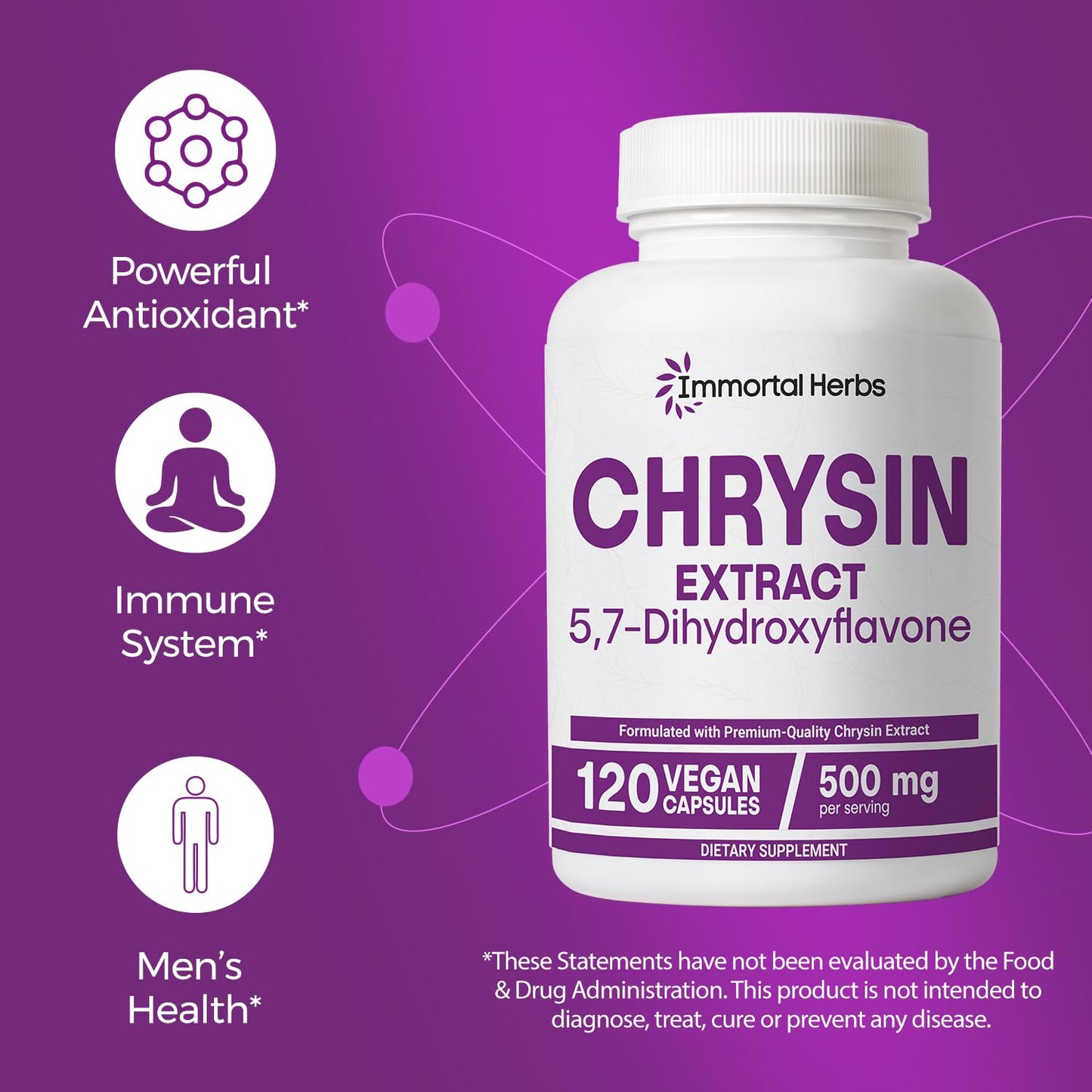 Immortal Herbs Chrysin 500mg – 120 Vegan Capsules | Non-GMO & Gluten-Free