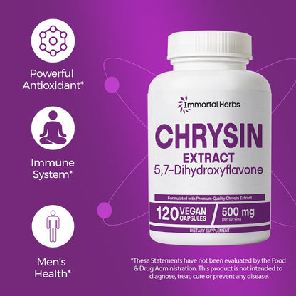 Immortal Herbs Chrysin 500mg – 120 Vegan Capsules | Non-GMO & Gluten-Free