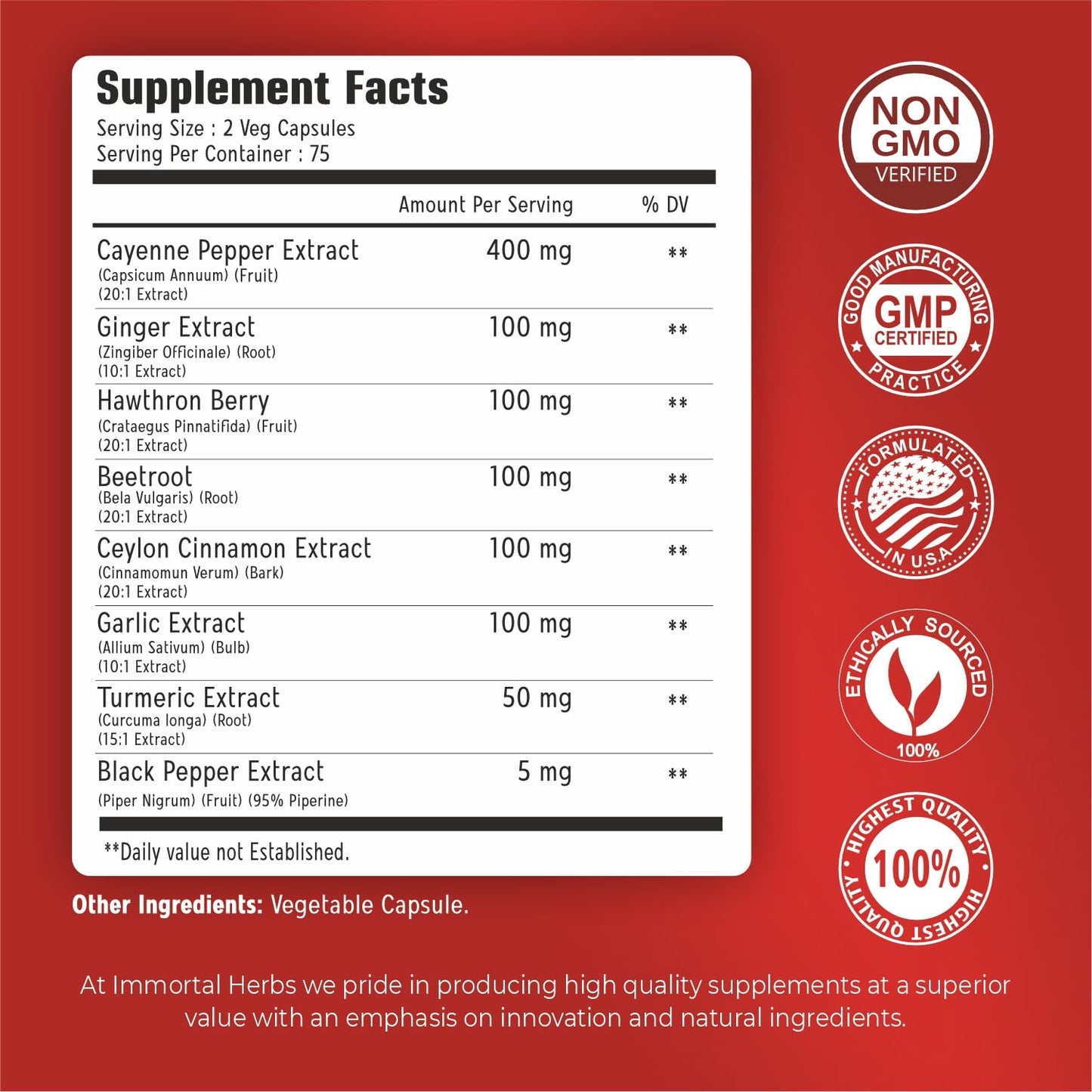 Immortal Herbs Cayenne Pepper Capsules with Garlic, Ginger & Turmeric – 150 Caps, Non-GMO & Gluten Free