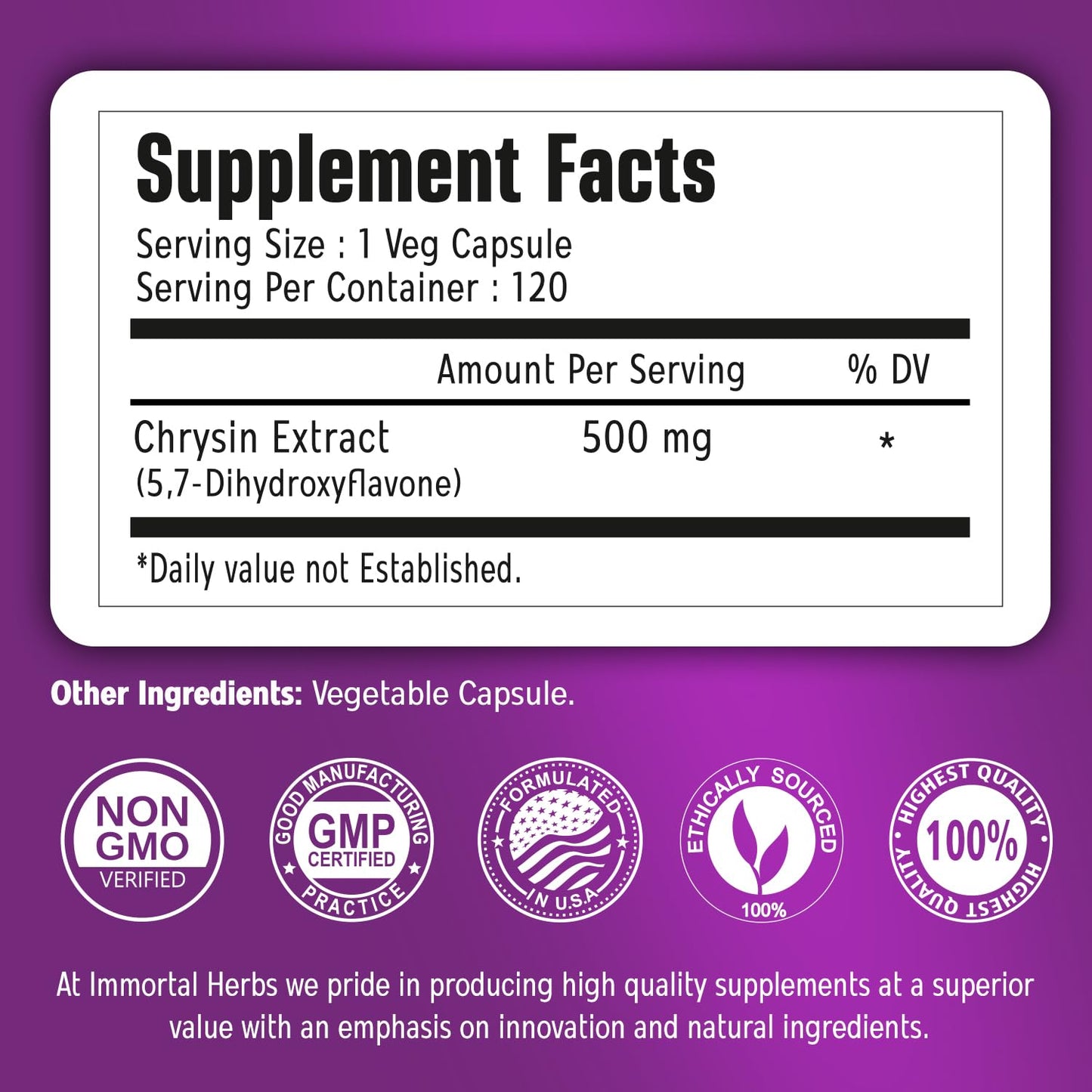 Immortal Herbs Chrysin 500mg – 120 Vegan Capsules | Non-GMO & Gluten-Free