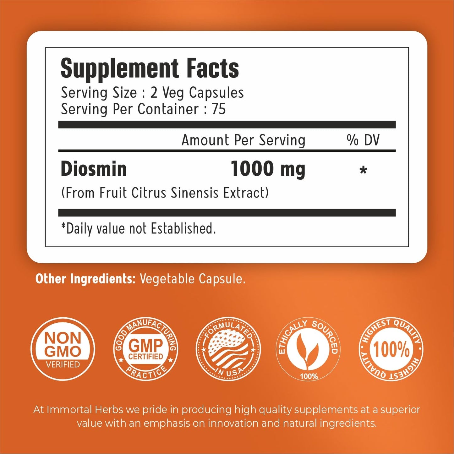 Immortal Herbs Diosmin 1000mg Complex – 150 Vegan Capsules | Citrus Bioflavonoids, Non-GMO, Gluten Free