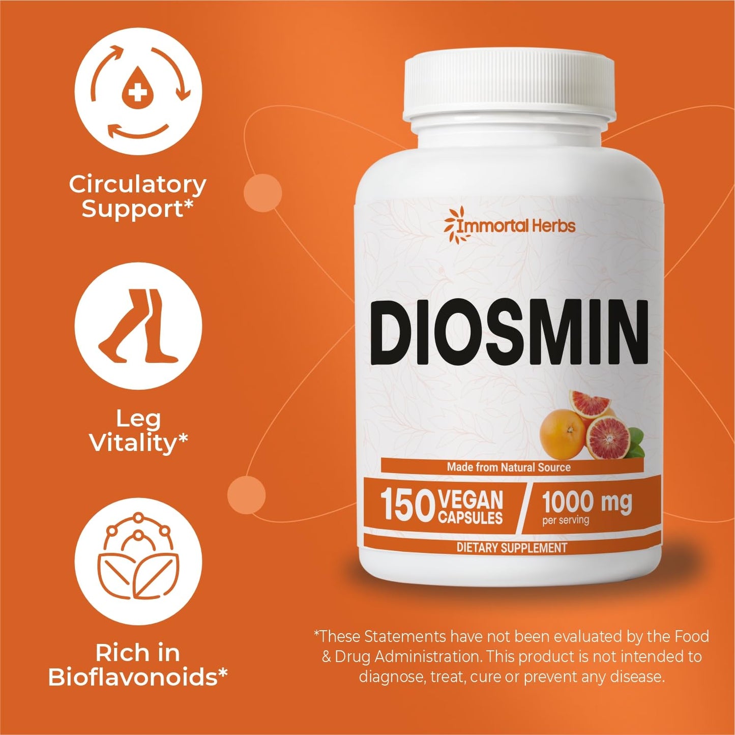 Immortal Herbs Diosmin 1000mg Complex – 150 Vegan Capsules | Citrus Bioflavonoids, Non-GMO, Gluten Free