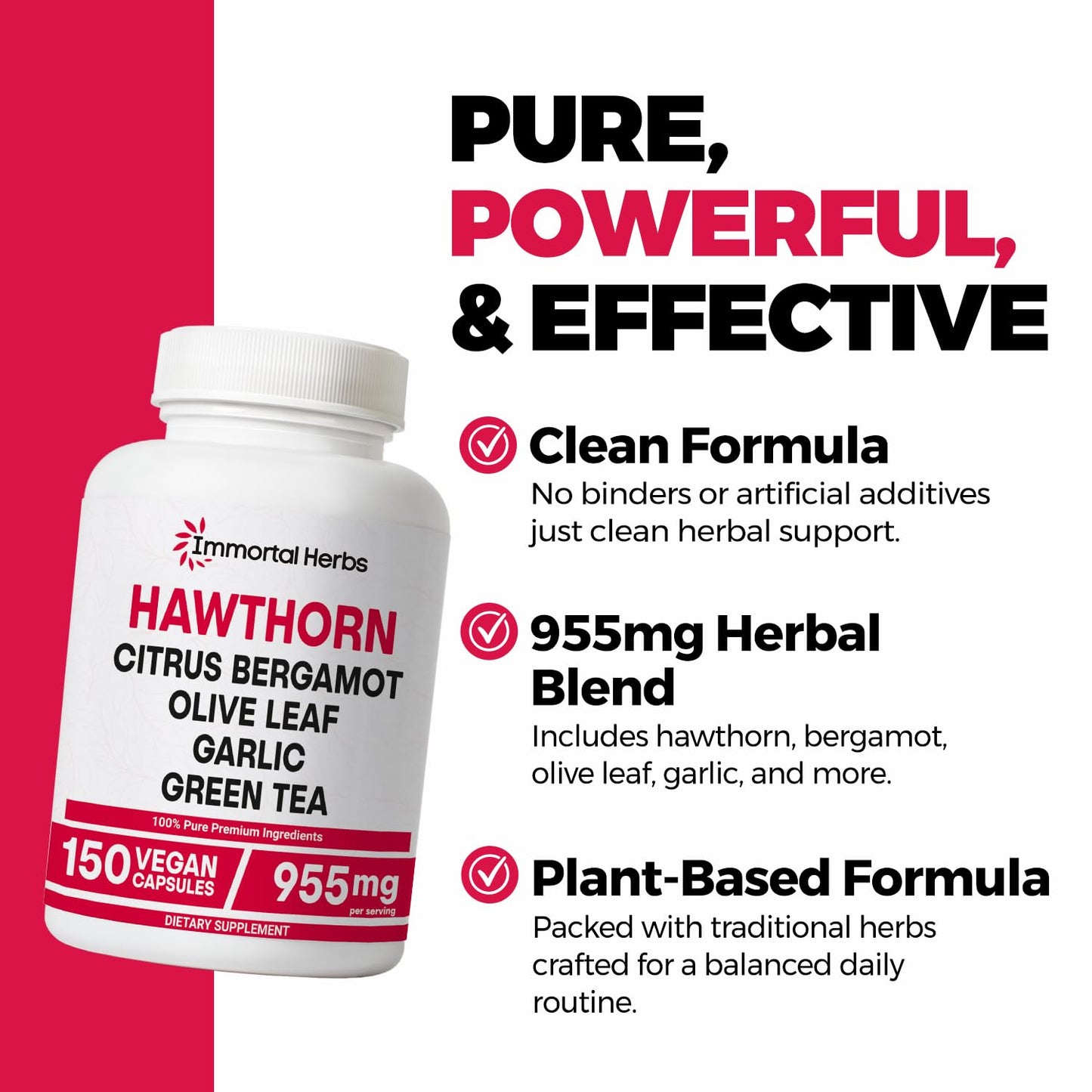 Immortal Herbs Hawthorn Berry Capsules – 6-in-1 Extract with Olive Leaf, Bergamot, Garlic, Green Tea & Black Pepper | 150 Vegan Pills | Non-GMO & Gluten-Free