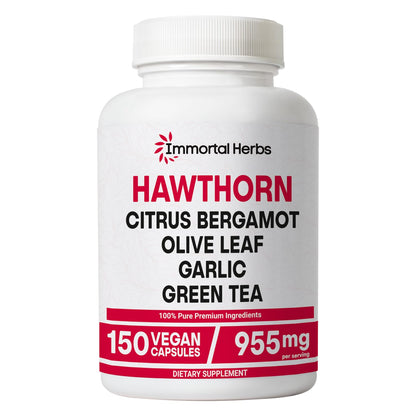 Immortal Herbs Hawthorn Berry Capsules – 6-in-1 Extract with Olive Leaf, Bergamot, Garlic, Green Tea & Black Pepper | 150 Vegan Pills | Non-GMO & Gluten-Free