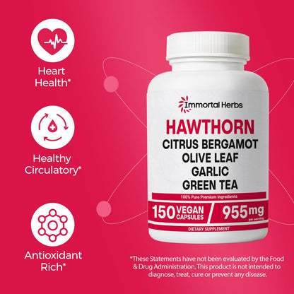 Immortal Herbs Hawthorn Berry Capsules – 6-in-1 Extract with Olive Leaf, Bergamot, Garlic, Green Tea & Black Pepper | 150 Vegan Pills | Non-GMO & Gluten-Free