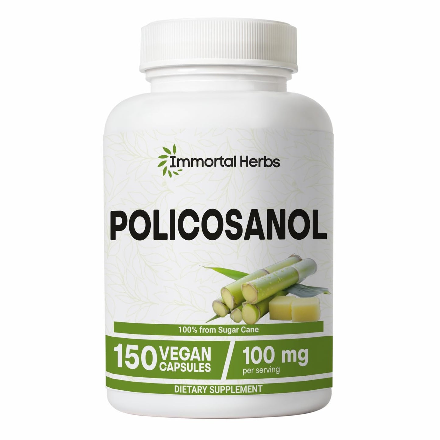 Immortal Herbs Policosanol 100mg Capsules – Sugar Cane-Derived, 150 Vegan Pills, Non-GMO & Gluten-Free