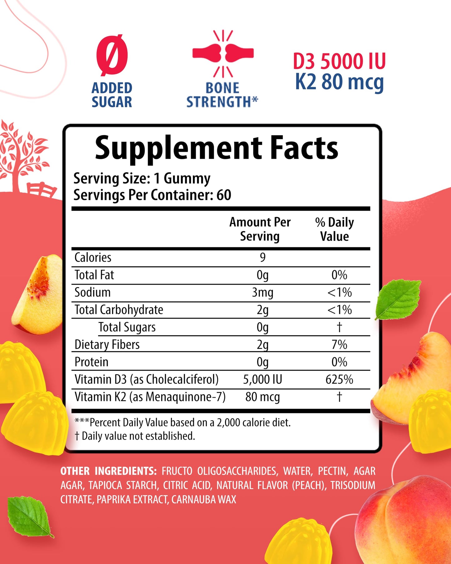 Sugar-Free Vitamin D3 K2 Gummies 5000 IU – Immune & Bone Support for Adults | Vegan, Halal, Gluten-Free