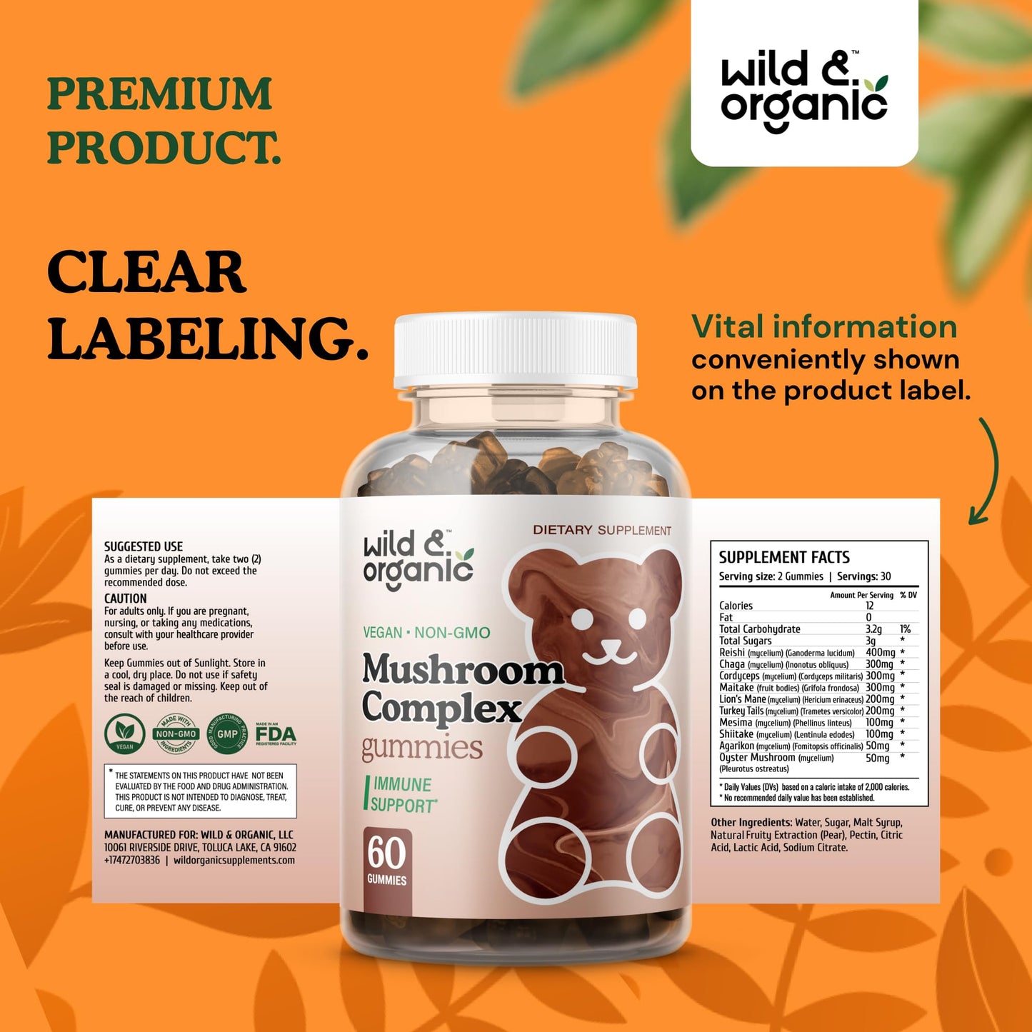 Wild & Organic Mushroom Gummies - 10-in-1 Complex | Immune & Brain Support – 60 Count