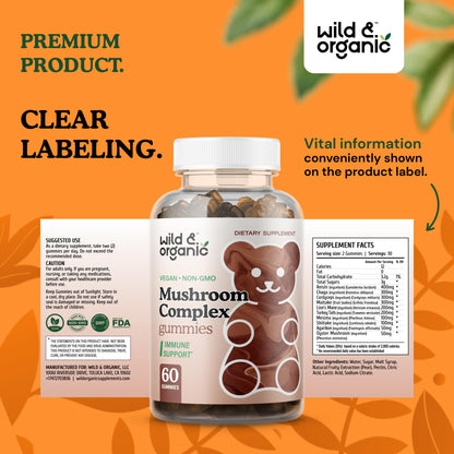 Wild & Organic Mushroom Gummies - 10-in-1 Complex | Immune & Brain Support – 60 Count