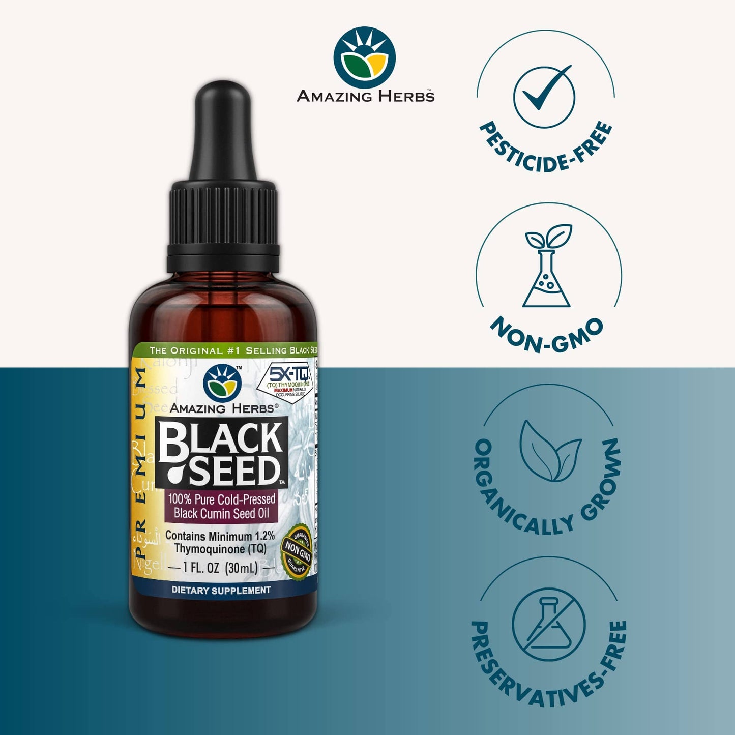 Amazing Herbs Premium Black Seed Oil – Gluten Free, Non-GMO, Cold-Pressed Nigella Sativa – 1 Fl Oz