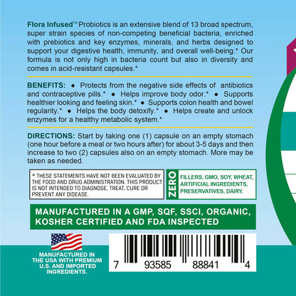 Life Infused Flora Infused Probiotics with Prebiotics - 50 Billion CFU, 13 Strains, Enzyme Blend - Vegan - 60 Capsules