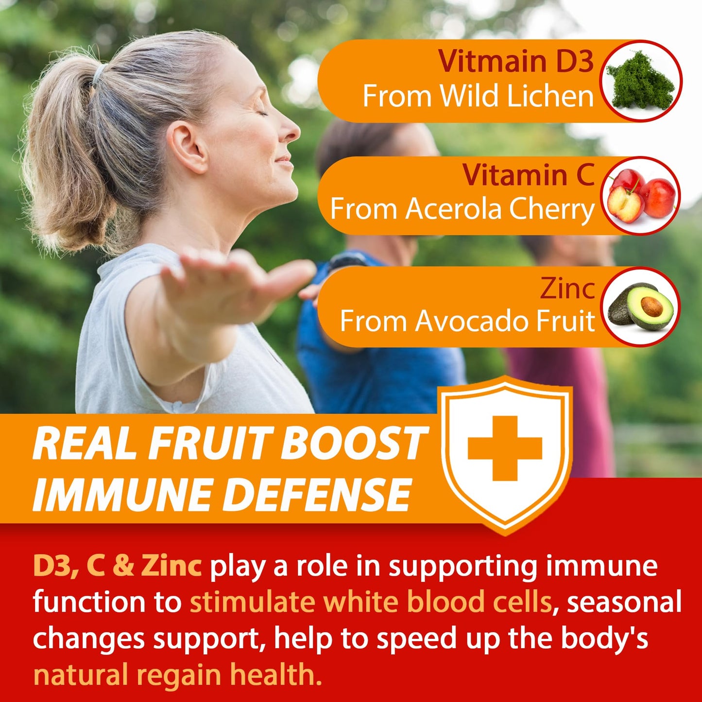Sugar Free Vitamin C + D3 + Zinc Gummies for Adults 50+ | 9-in-1 Immune Defense (Vegan, Pack of 2)
