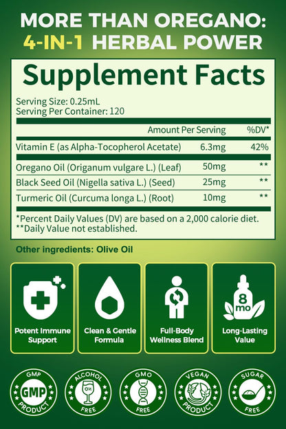 Oil of Oregano with Black Seed Oil – 4-in-1 Drops, 80% Carvacrol, 1 Fl Oz – Immune & Respiratory Support (Vegan)