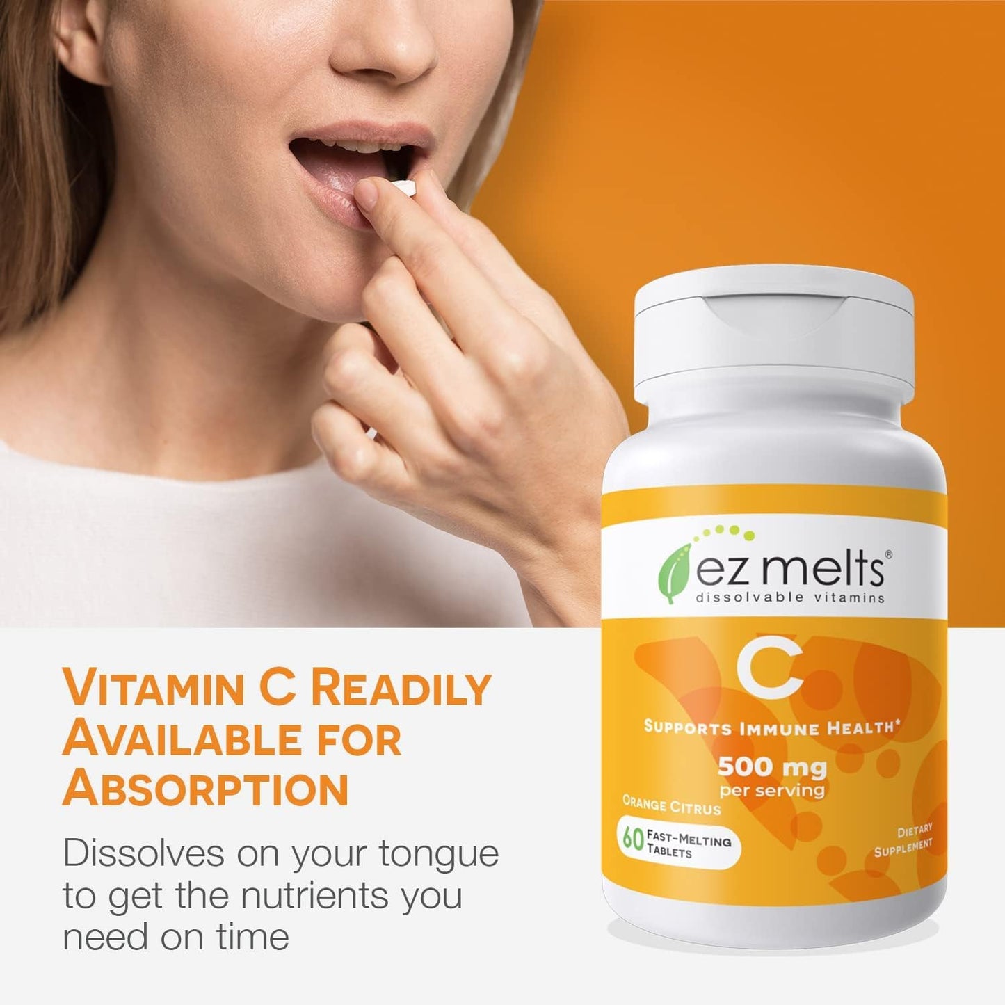 EZ Melts Vitamin C – 60 Dissolvable Tablets (Orange Citrus) | Immune Support, Antioxidant, Non-GMO, Sugar-Free