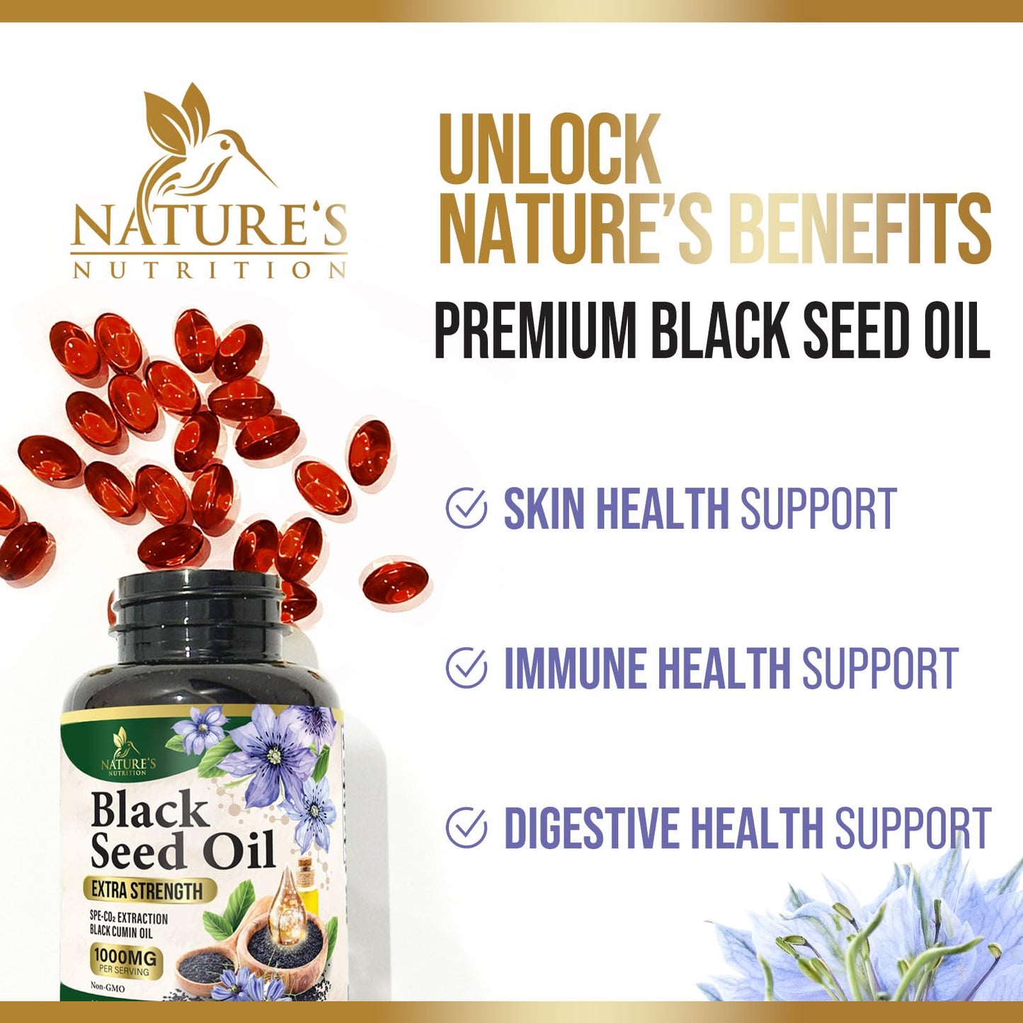 Black Seed Oil Softgels 1000mg | Nigella Sativa (Black Cumin) | Made in USA