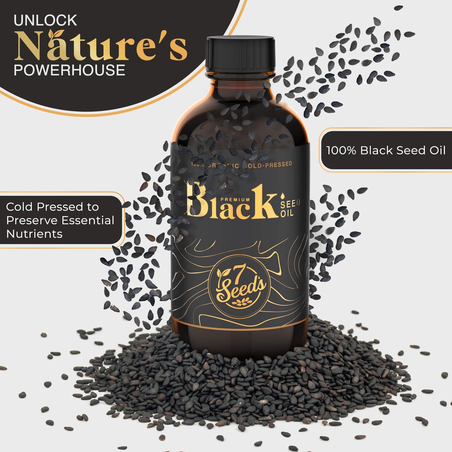 7 Seeds Cold Pressed Black Seed Oil - 240 ml Cold Pressed Nigella Sativa Liquid for Immune Support, Inflamation Support, Digestion, Hair & Skin (8 Fl Oz)
