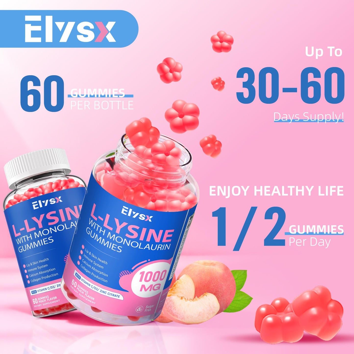 L-Lysine Gummies 1000mg with Monolaurin – Sugar-Free Peach Immune Support (60 Count)