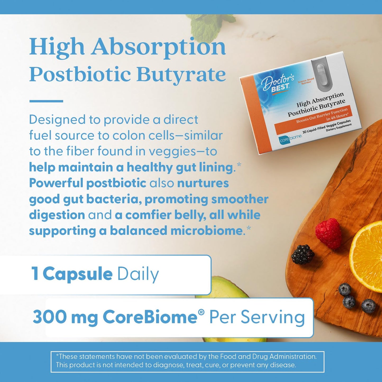 Doctor's Best High Absorption Postbiotic Butyrate with Corebiome – Gut & Immune Health | Non-GMO, Gluten Free, Soy Free, Vegan | 30 Veggie Caps