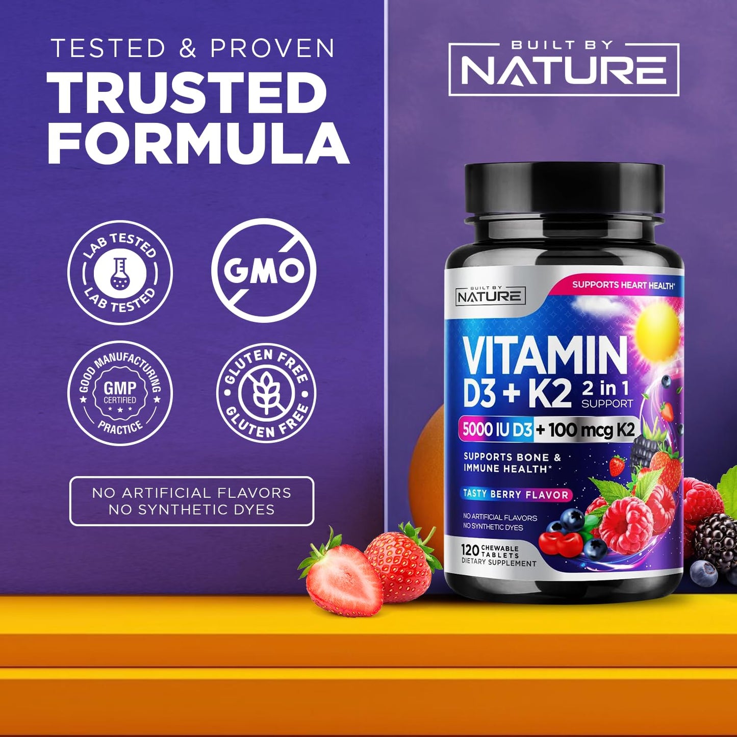 Vitamin D3 K2 Chewable 5000 IU + 100 mcg MK-7 – 2 in 1 Immune, Heart & Bone Support | Berry Flavor | Non-GMO | 120 Tablets