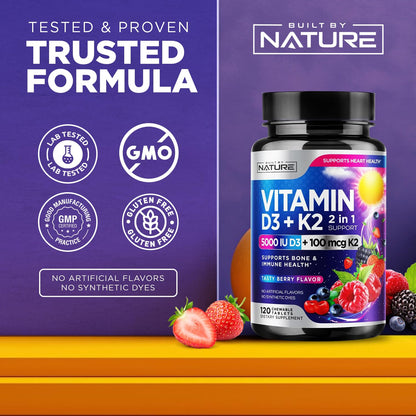 Vitamin D3 K2 Chewable 5000 IU + 100 mcg MK-7 – 2 in 1 Immune, Heart & Bone Support | Berry Flavor | Non-GMO | 120 Tablets