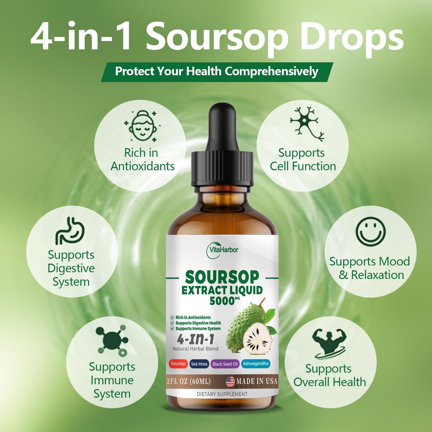 4-in-1 Soursop Bitters Liquid – Sea Moss, Black Seed Oil & Ashwagandha for Immune & Digestive Support (2 oz) | Sugar-Free, Non-GMO, Vegan