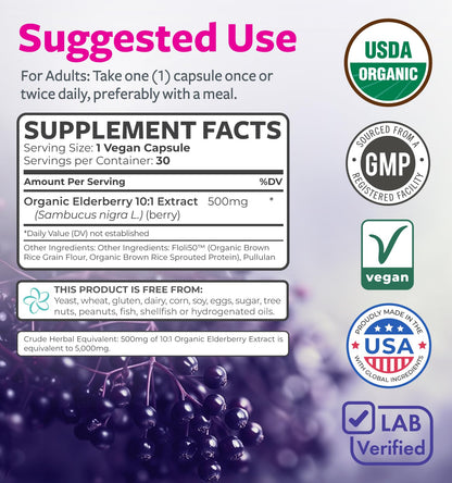 Organic Elderberry Capsules 10:1 Extract — 5,000mg Fresh Elderberries (Vegan) | Immune Support | Sambucus Nigra | 30 Caps