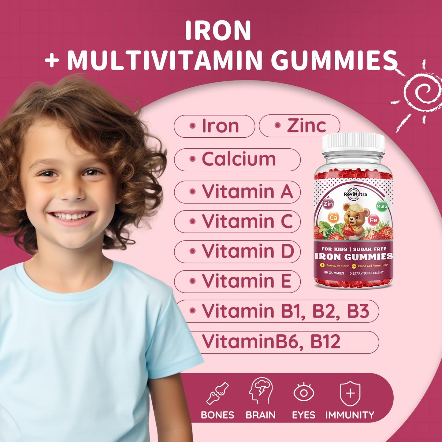 Iron Supplement Gummies for Kids – Calcium, Zinc & Multivitamin with Iron | Immune Support, Energy & Vegan, 60 Count
