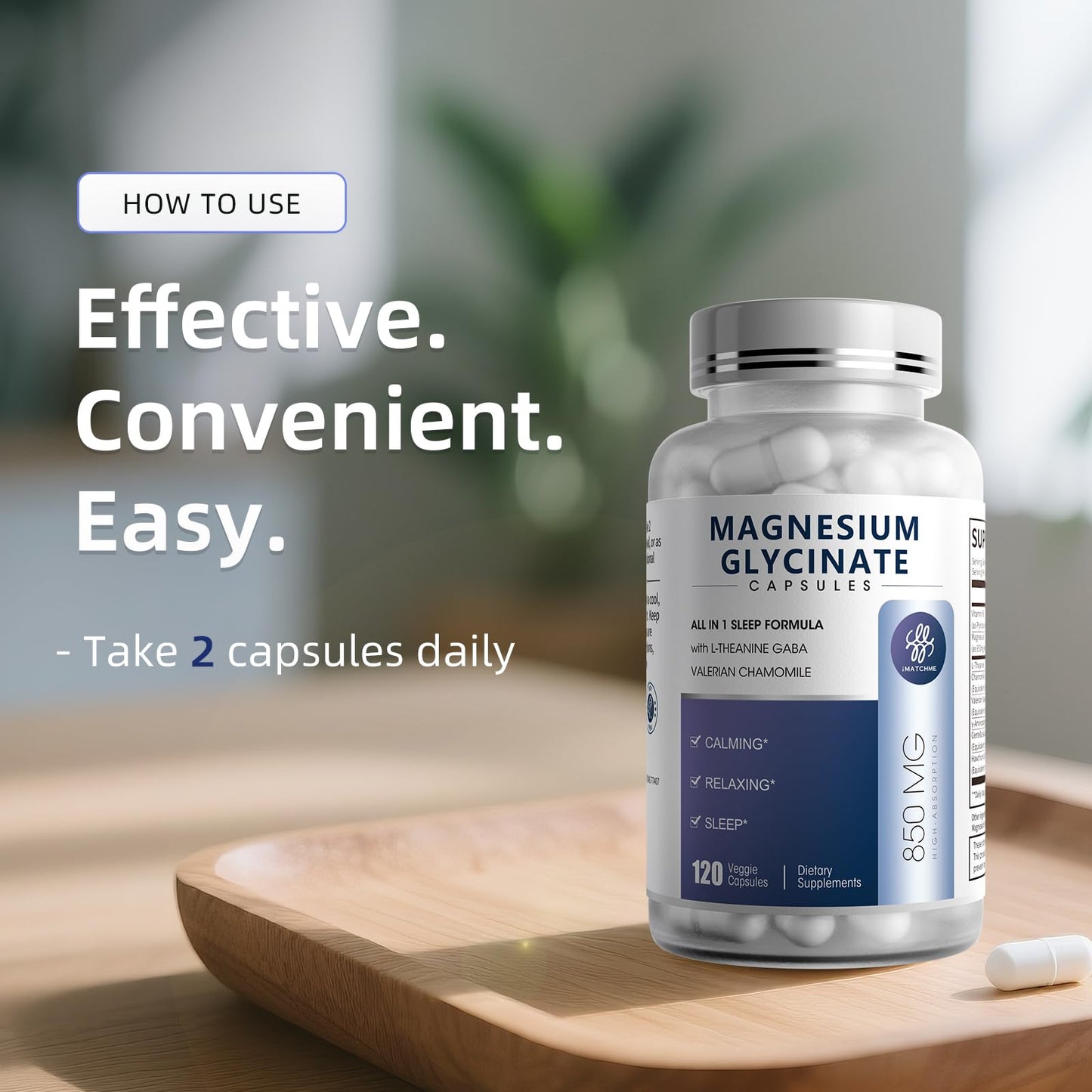 Magnesium Glycinate 850mg Capsules – 120 Count (Vegan, High-Absorption)