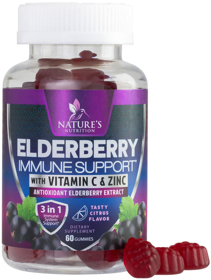 Immune Support Gummies - Sambucus Elderberry with Zinc & Vitamin C | Vegan Immune Support for Adults & Kids | 60 Gummies