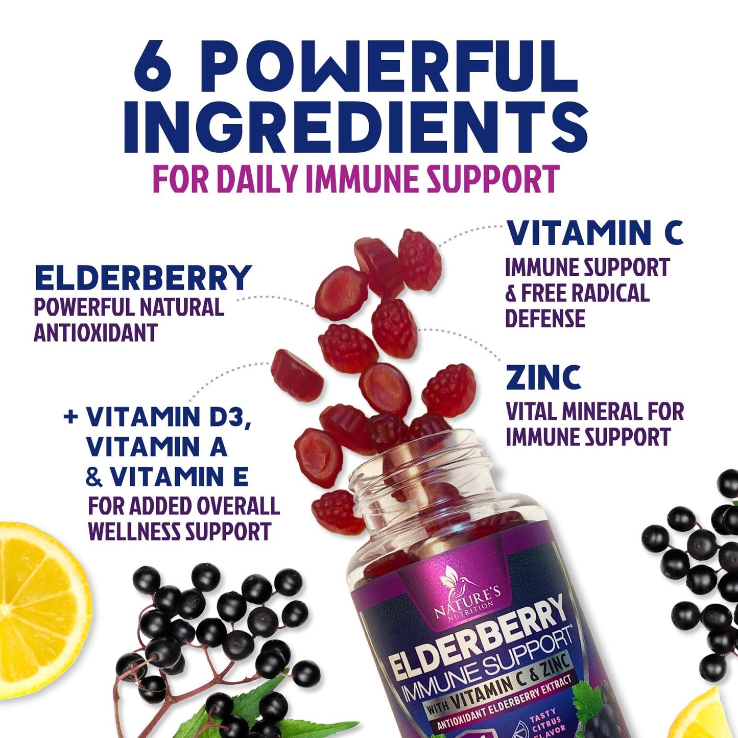 Immune Support Gummies - Sambucus Elderberry with Zinc & Vitamin C | Vegan Immune Support for Adults & Kids | 60 Gummies
