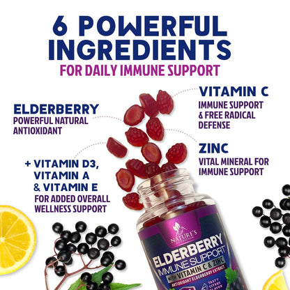 Immune Support Gummies - Sambucus Elderberry with Zinc & Vitamin C | Vegan Immune Support for Adults & Kids | 60 Gummies