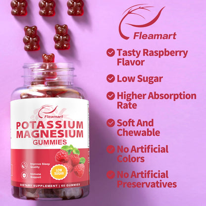 Potassium Magnesium Gummies – Potassium Citrate 99mg & Magnesium Citrate 250mg | Immune Support Raspberry, 60 Gummies (2 Pack)