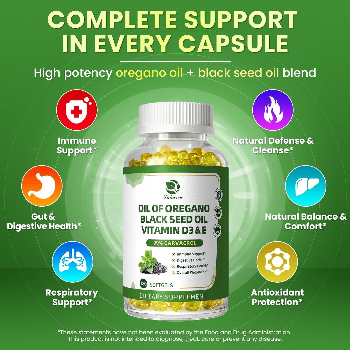 Organic Oregano Oil Capsules + Black Seed Oil | 99% Carvacrol, 180 Softgels