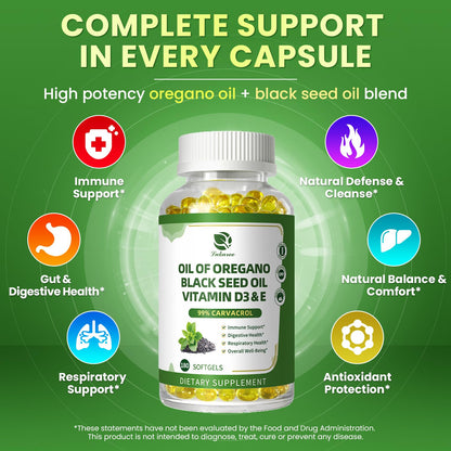 Organic Oregano Oil Capsules + Black Seed Oil | 99% Carvacrol, 180 Softgels