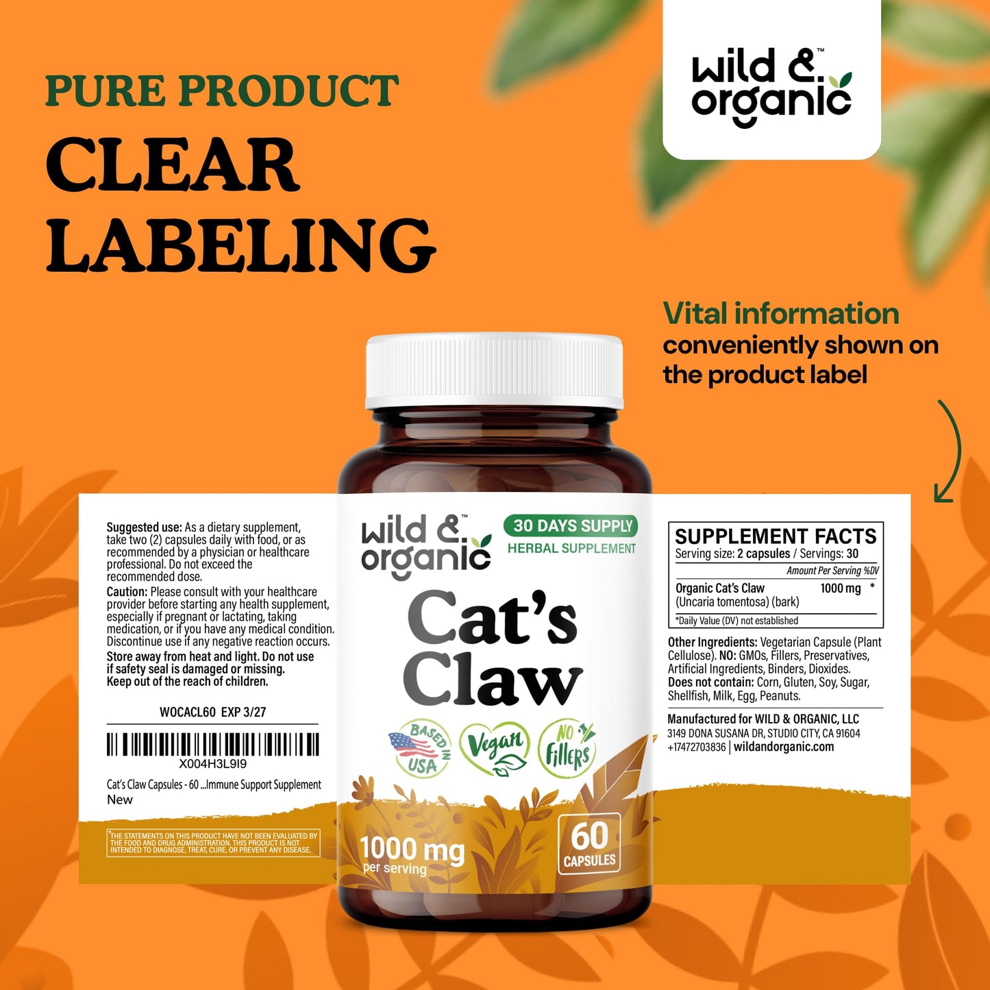 Wild & Organic Cat's Claw 1000 mg - Immune Support | Vegan, Non-GMO | 60 Count