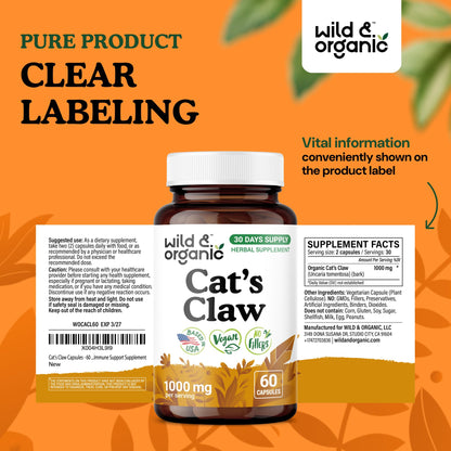 Wild & Organic Cat's Claw 1000 mg - Immune Support | Vegan, Non-GMO | 60 Count